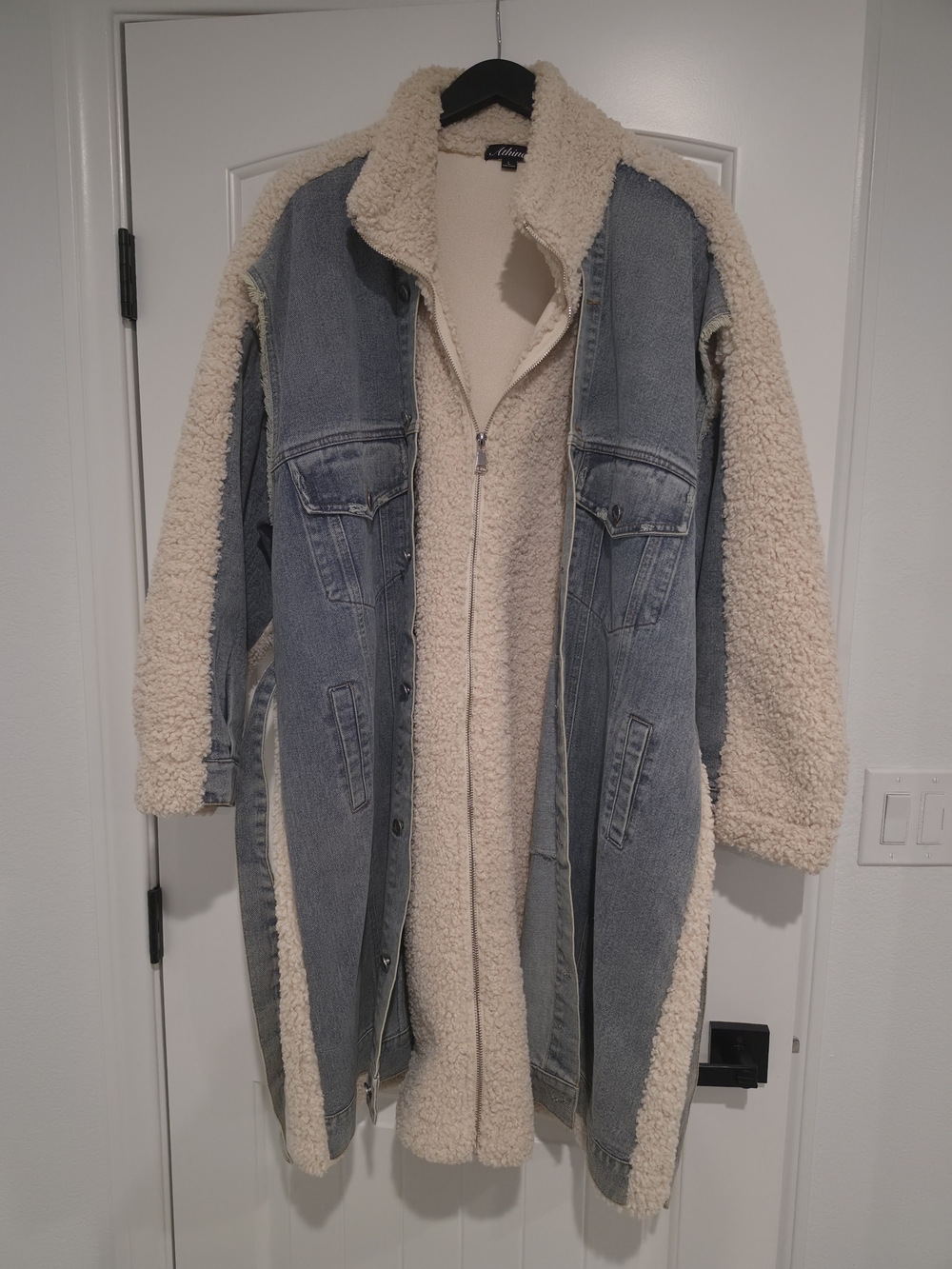 Athina Women’s Heavy Weight Cream Sherpa & Light Blue Denim Long Coat